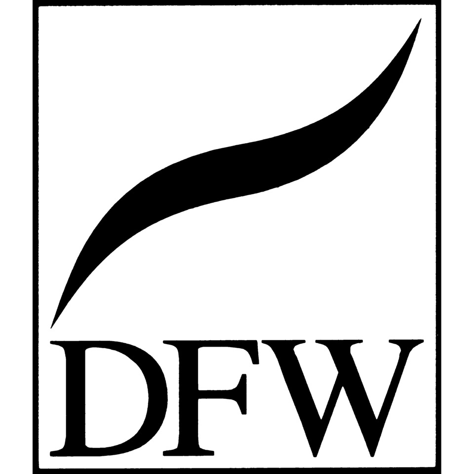 logo, DFW, geschwungene linie, schwarzer text, umrandeter quadrat