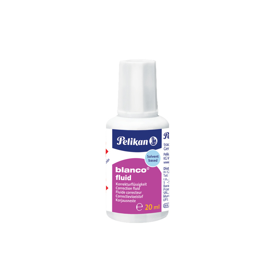 Korrekturflüssigkeit, weiße Flasche, blaue Etikette, 20 ml, Lösungsmittelbasiert