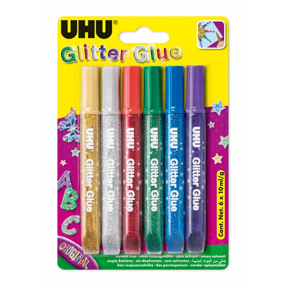 Glitterkleber, Glitzerkleber, Farbkleber, Kunststoffstifte, 6x10ml