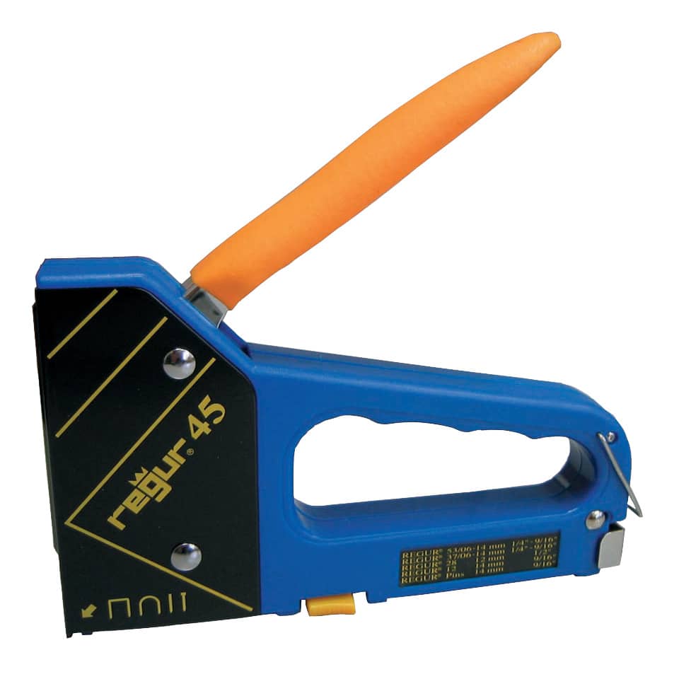 stapler, Stahlstapler?, orangenes Griff, blauer Körper, Industrieheftgerät