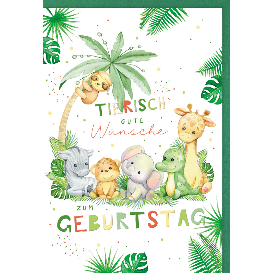 Tierkarte, Giraffe, Elefant, Löwe, Geburtstagskarte