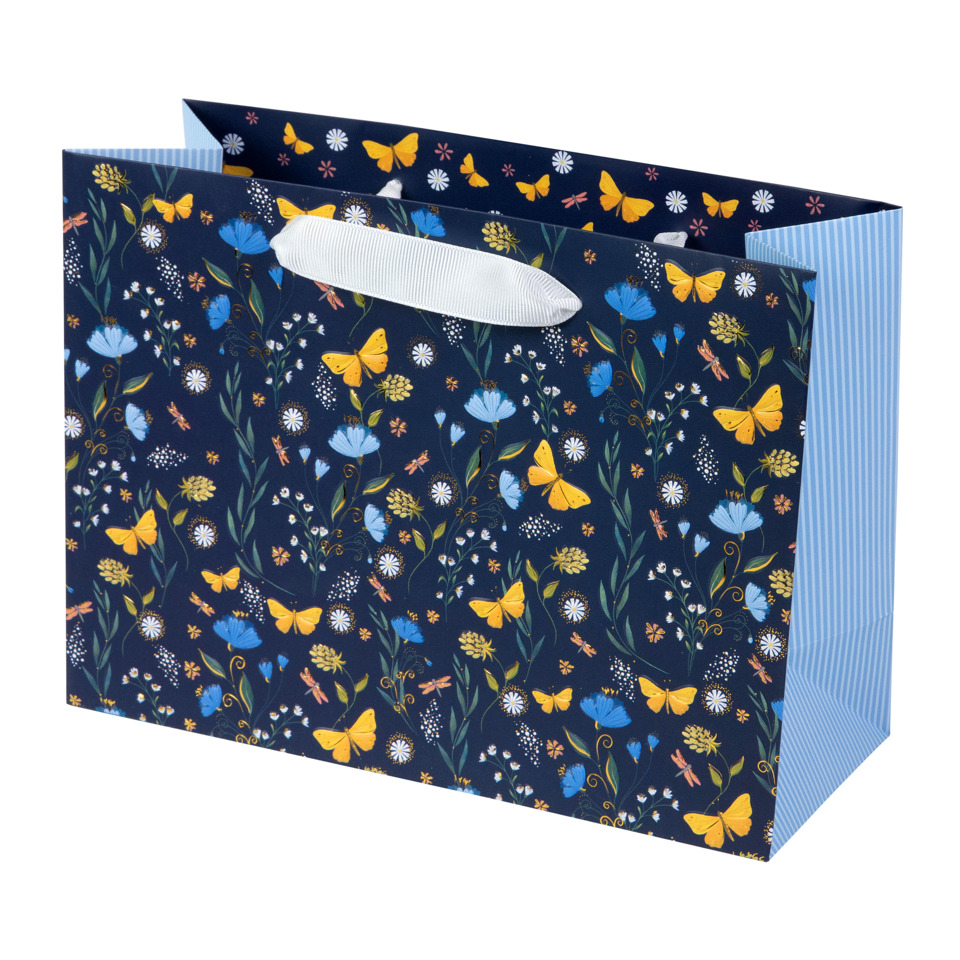 Geschenktasche, Blumendesign, Nachtblau, Schmetterlinge, RaffungÜbersicht