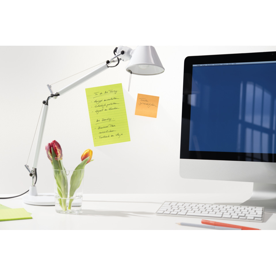 Schreibtisch, Lampe, Computer, Notizpapier, Tulpen