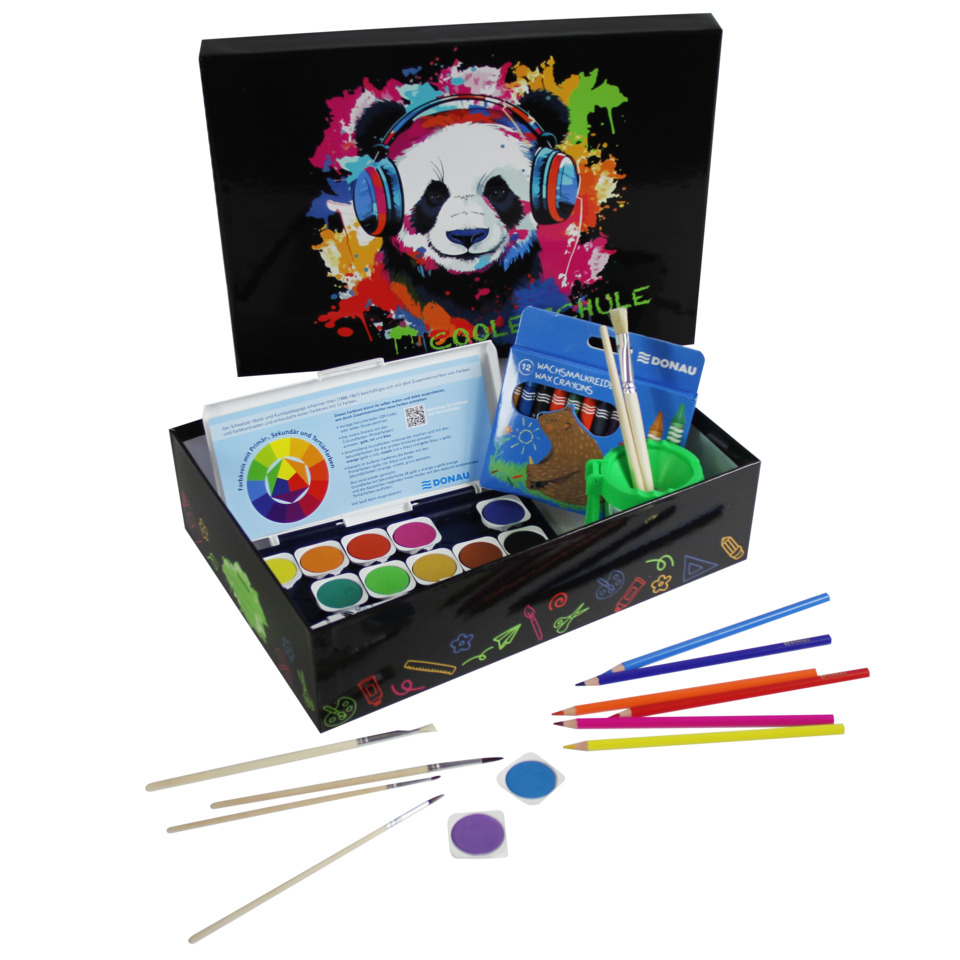Aquarellset, Pinsel, Wachsmalkreide, Panda Motiv, Schwarz Box