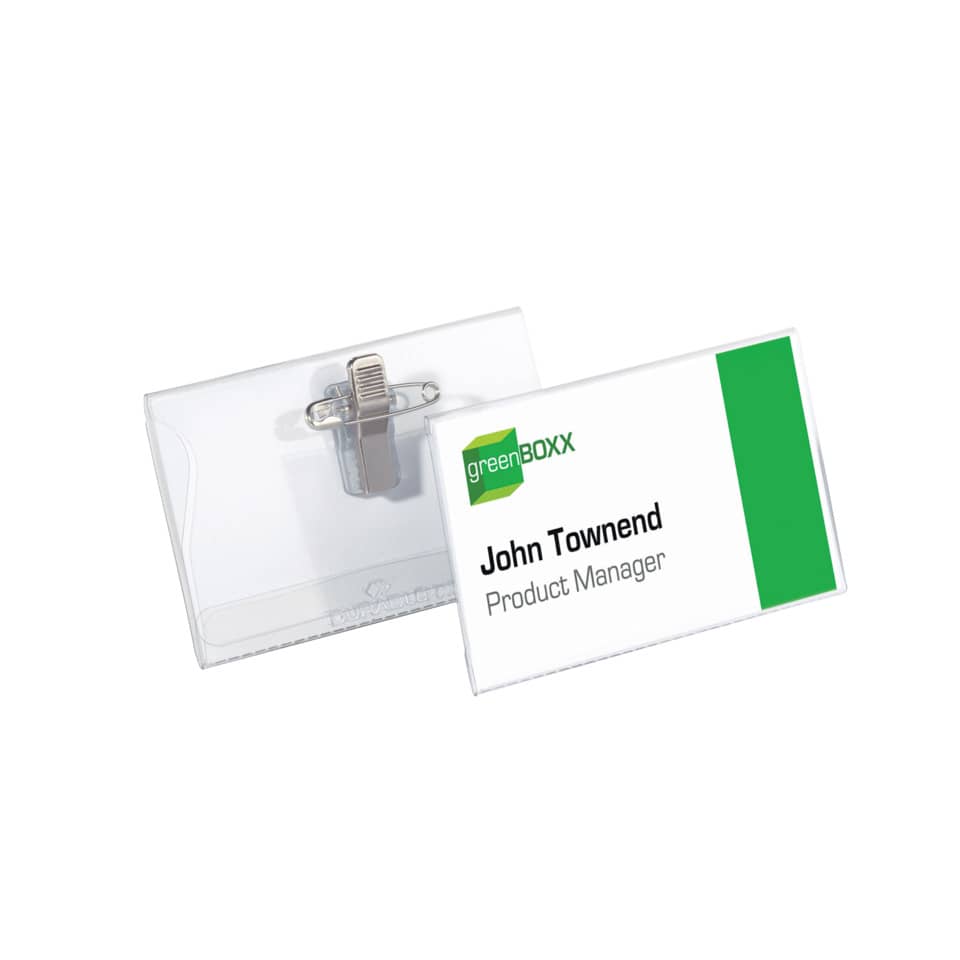 Namebadge, Kunststoff, Transparente Hülle, Clip, Grünweiß