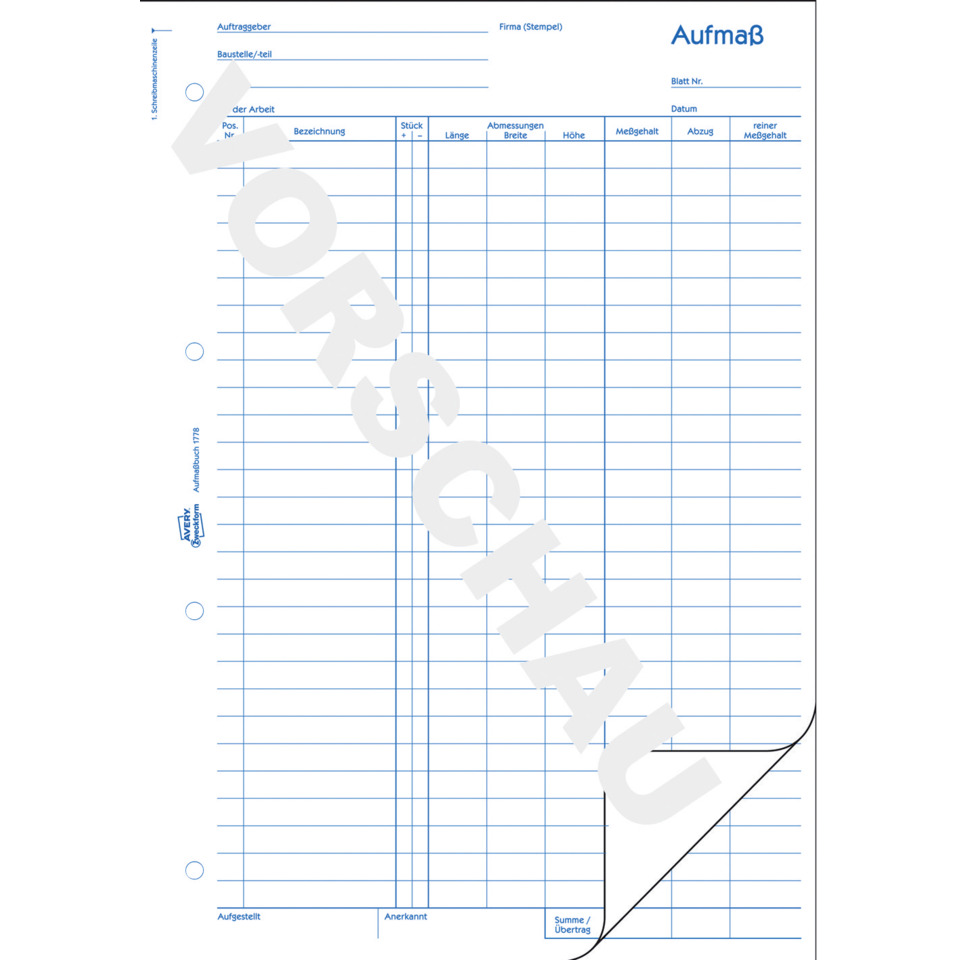 Aufmaßbogen, Messbogen, Zeichnungsvorlage, Kopierpapier-Layout, Maßdatenblatt