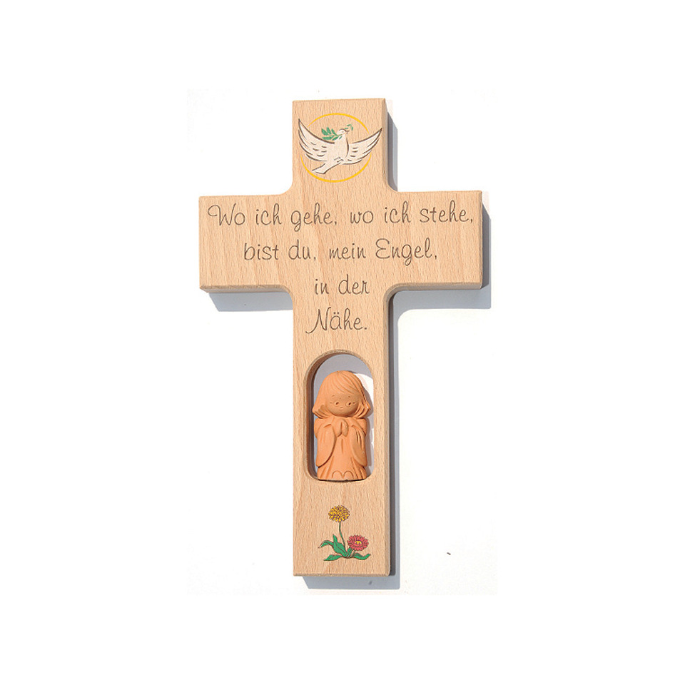 Holzkreuz, Kruzifix, Engelfigur, Holzdekoration, gravierter Text