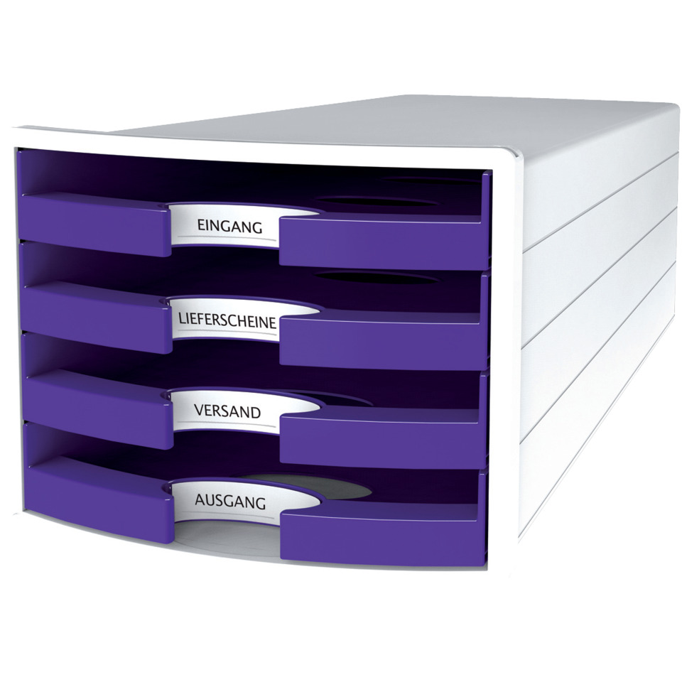 Schublade, Ablagekasten, lila Schubladen, Organisation, Beschriftung sichtbar