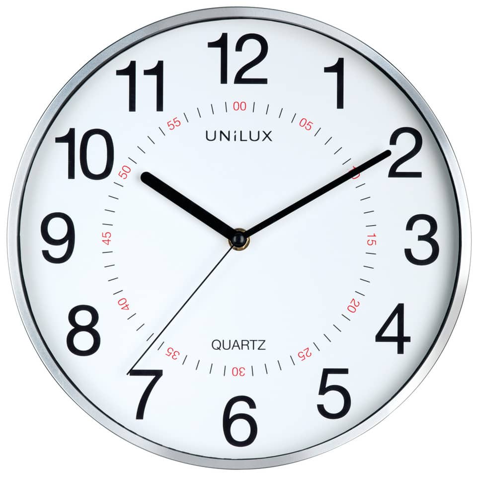 Wanduhr, Quarz, Analoge Uhr, Silberrahmen, Große Ziffern