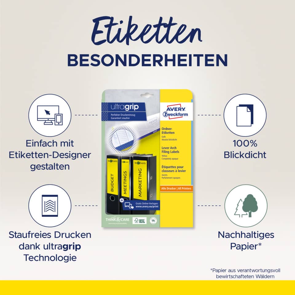 Etiketten, Druckeretiketten, Ultragrip, Avery, Papieretiketten