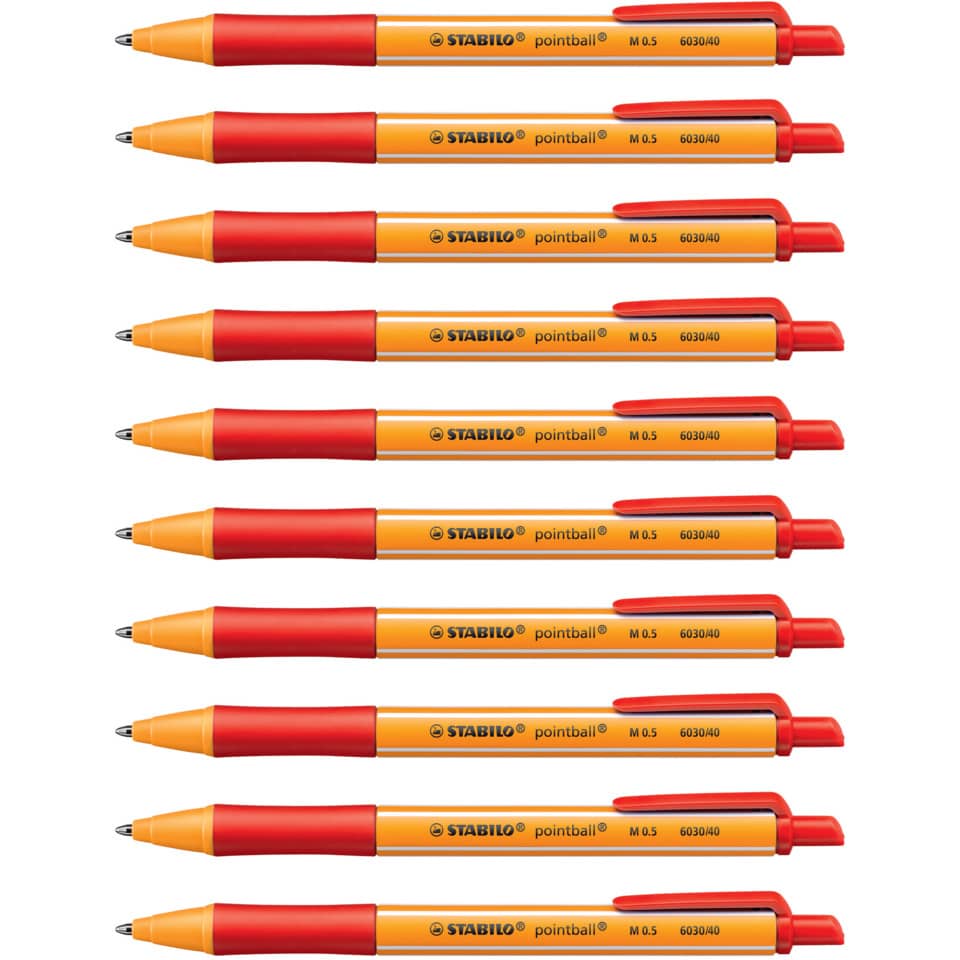 pointball pen, roller ball, orange body, red cap, multiple pens