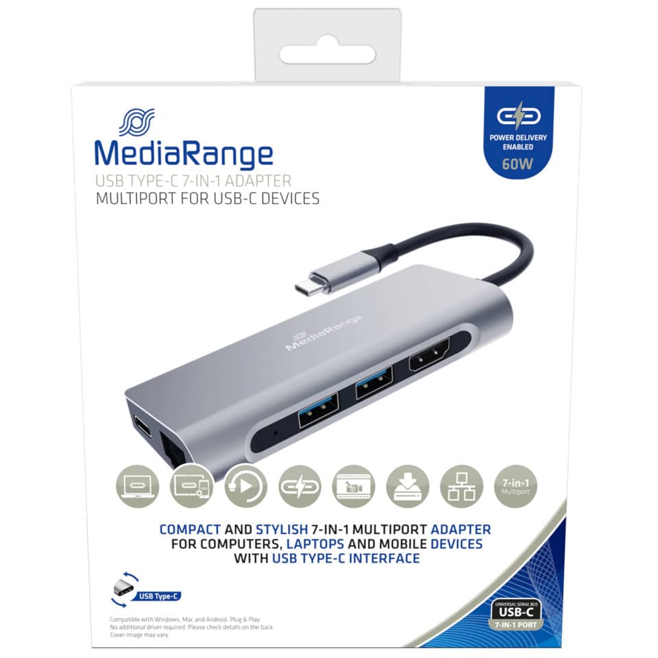 USB-C Hub, 7-in-1, Adapter USB-C, Silber Gehäuse, USB-C Porten