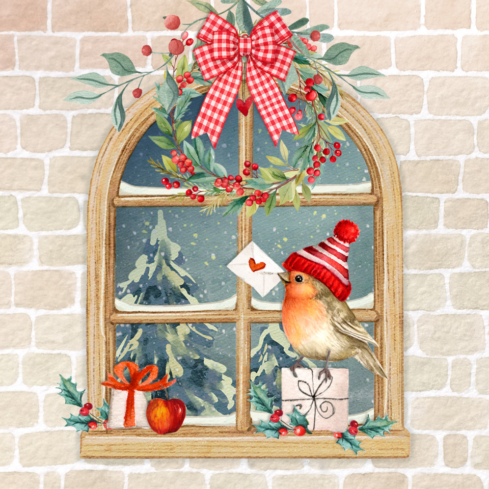 fensterbild, weihnachtsdeko, vogel, rotemütze, kranz