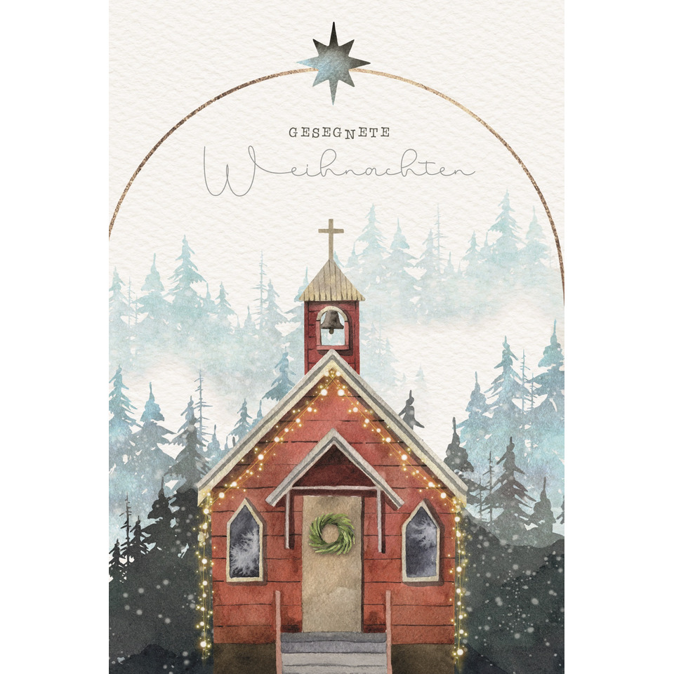 Weihnachtskarte, Kirche, Lichterketten, Wald, Kranz