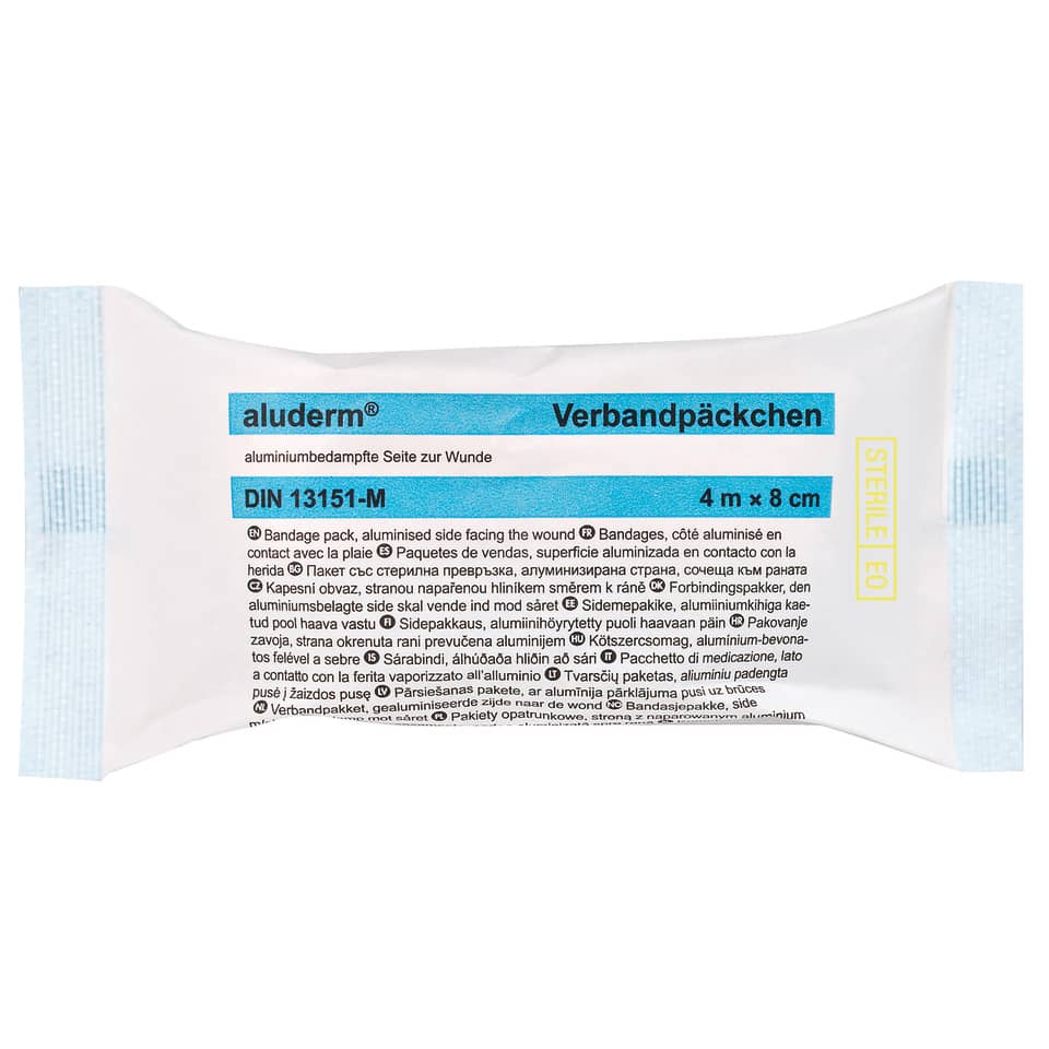 Verbandpäckchen, Wundverband, Aluminiumverband, 4 cm x 8 cm, Sterilisation