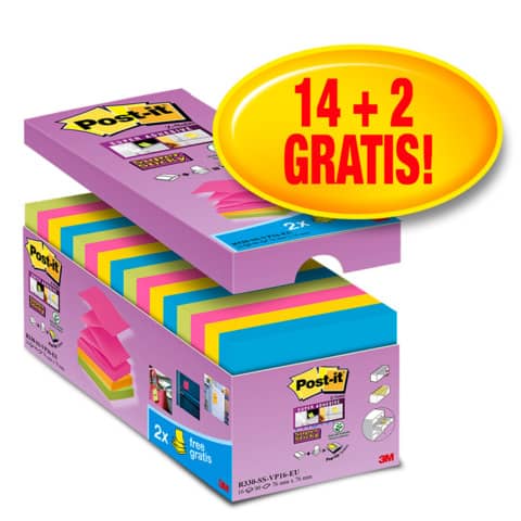 Haftnotizblock Super Sticky Z-Notes, 76x76mm, 16x90 Blatt, sortiert POST-IT R330-SS-VP16