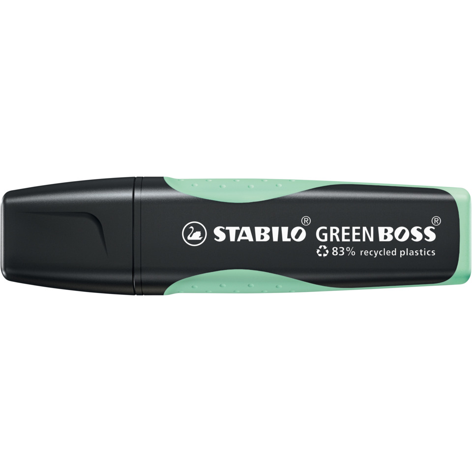 highlighter, Marker, grün, Kunststoff, recycelter Kunststoff, Marker, Korrekturspitzer, lebendige Farbe, Gummi-Griff, Stabilo Green Boss
