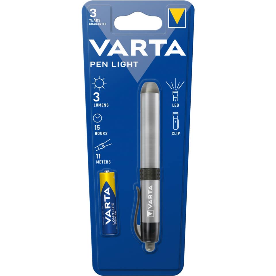 Stiftlampe, LED, Klippenclip, Batterie, Varta