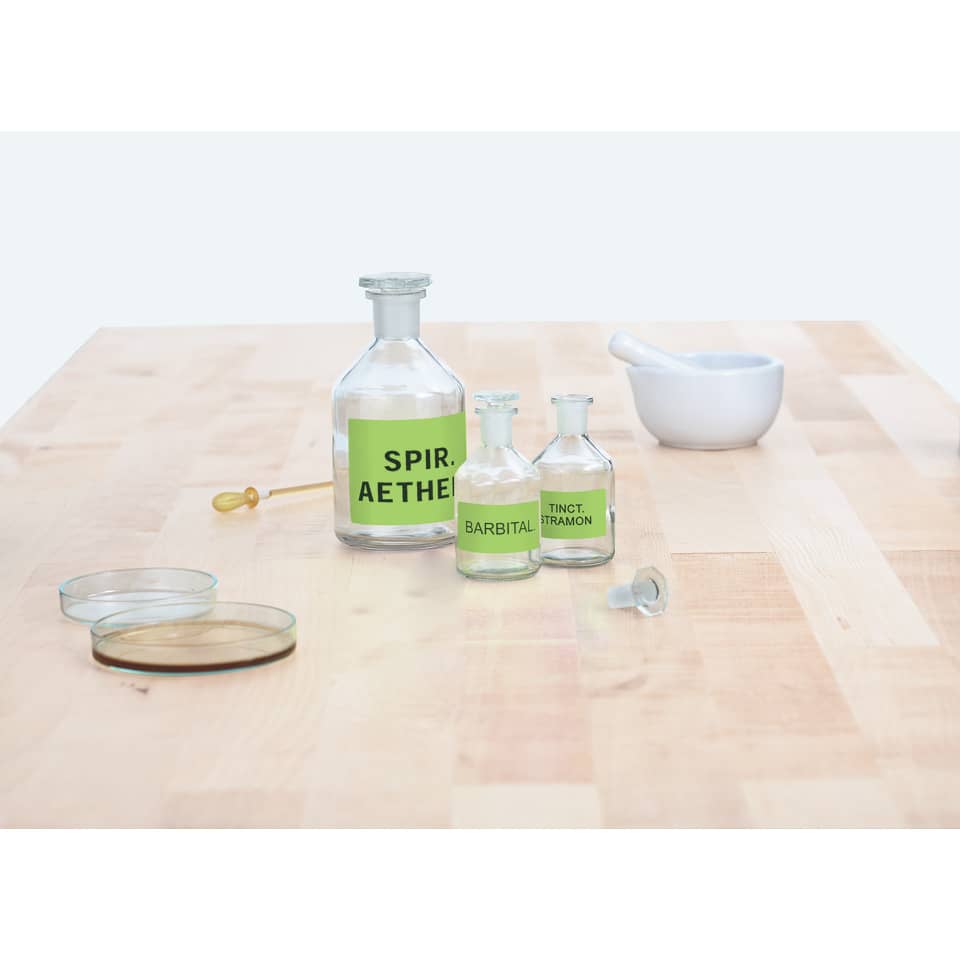 Laborchemikalien, Fläschchen, Reagenzgläser, Grüne Etiketten, Gläserset