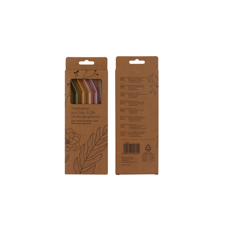 Glasstrohhalme, metallische Farben, ökologische Verpackung, 4 Stück, Strohhalm-Set