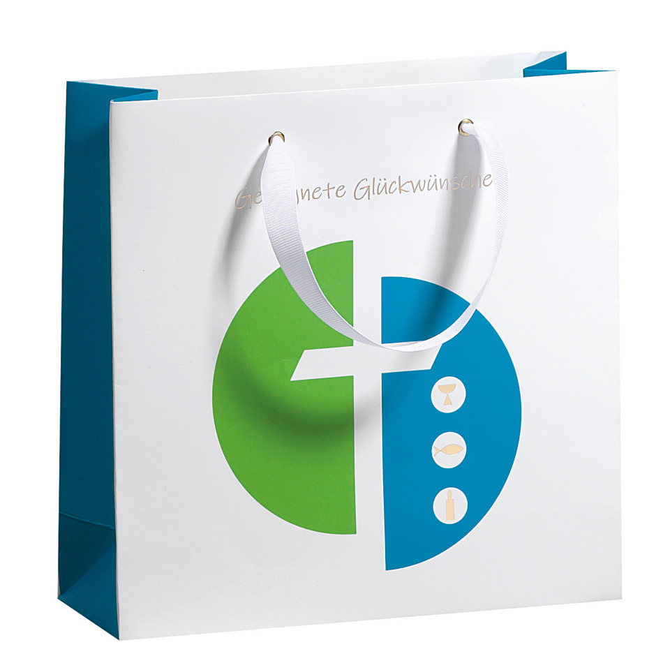 Geschenktüte, Papiertragetasche, Hülle mit Griffen, weiß, buntes Logo