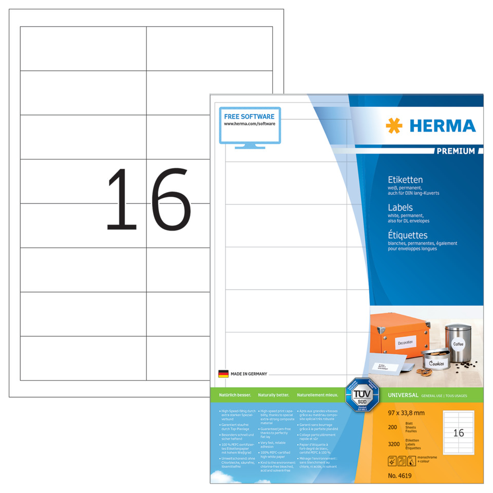 Etiketten, Labels, Schwarz auf Weiß, DIN A4, Karteikarten, etiketten, etikettenrollen, papieretiketten, herma, universell