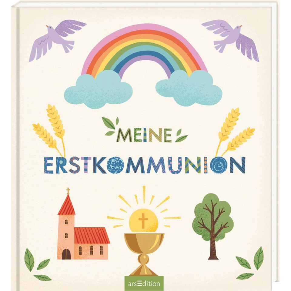 kinderbuch, erste communion, kommunion, regenbogen, kirche