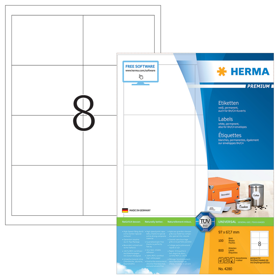 A4 etikettenblatt, Etikettenbogen, Beschriftungsbogen, Druckbogen, Herma-Verpackung
