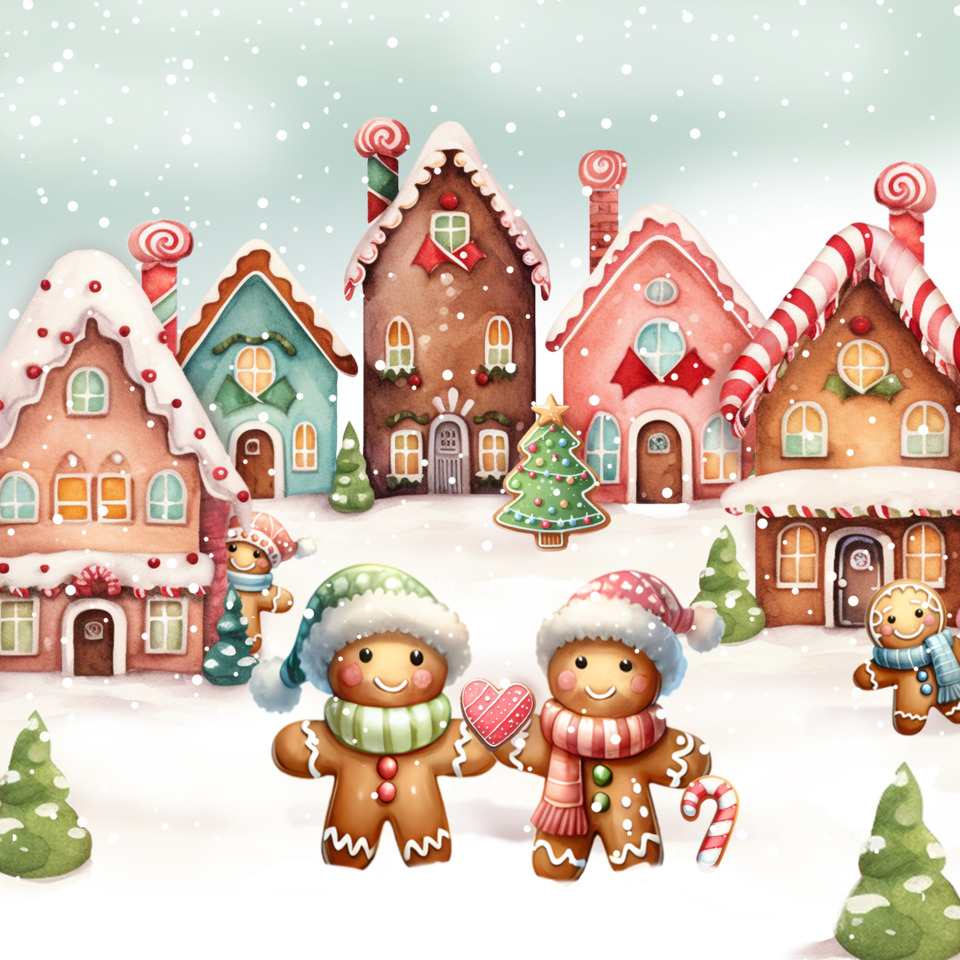 Lebkuchenhaus, Winterdörfchen, Schnee, Lebkuchenmänner, Zuckerstange