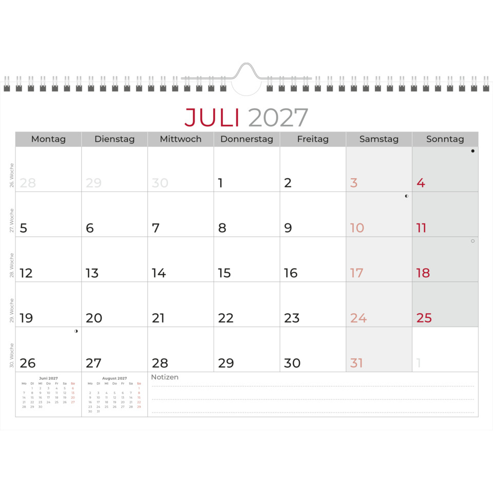 Kalender, Monat, Juli, 2027, Spiralbindung