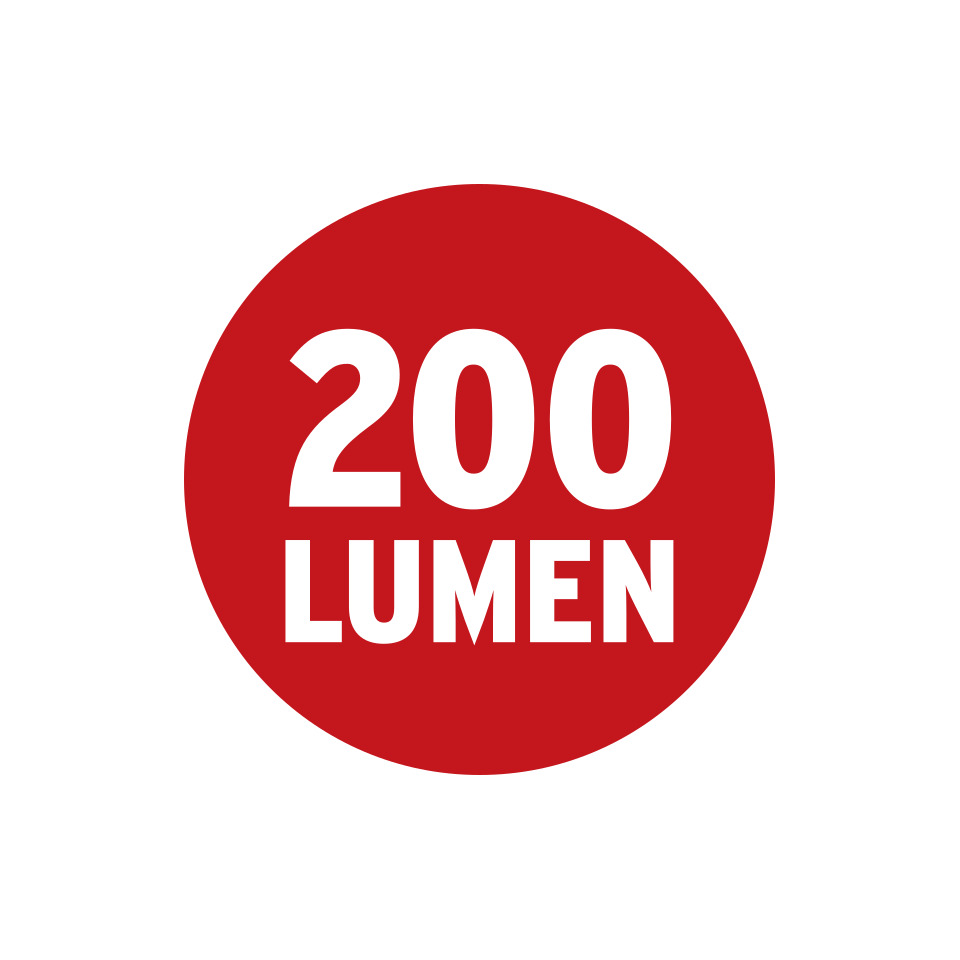 200 Lumen, roter Kreis, Lumen-Anzeige, Beleuchtungskennzeichnung, Abzeichen