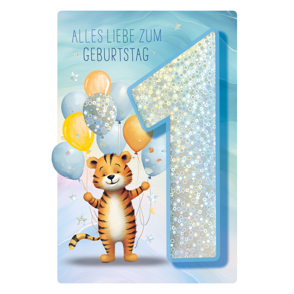 Geburtstagskarte, Tiger, Ballons, 1. Geburtstag, Kindergrafik