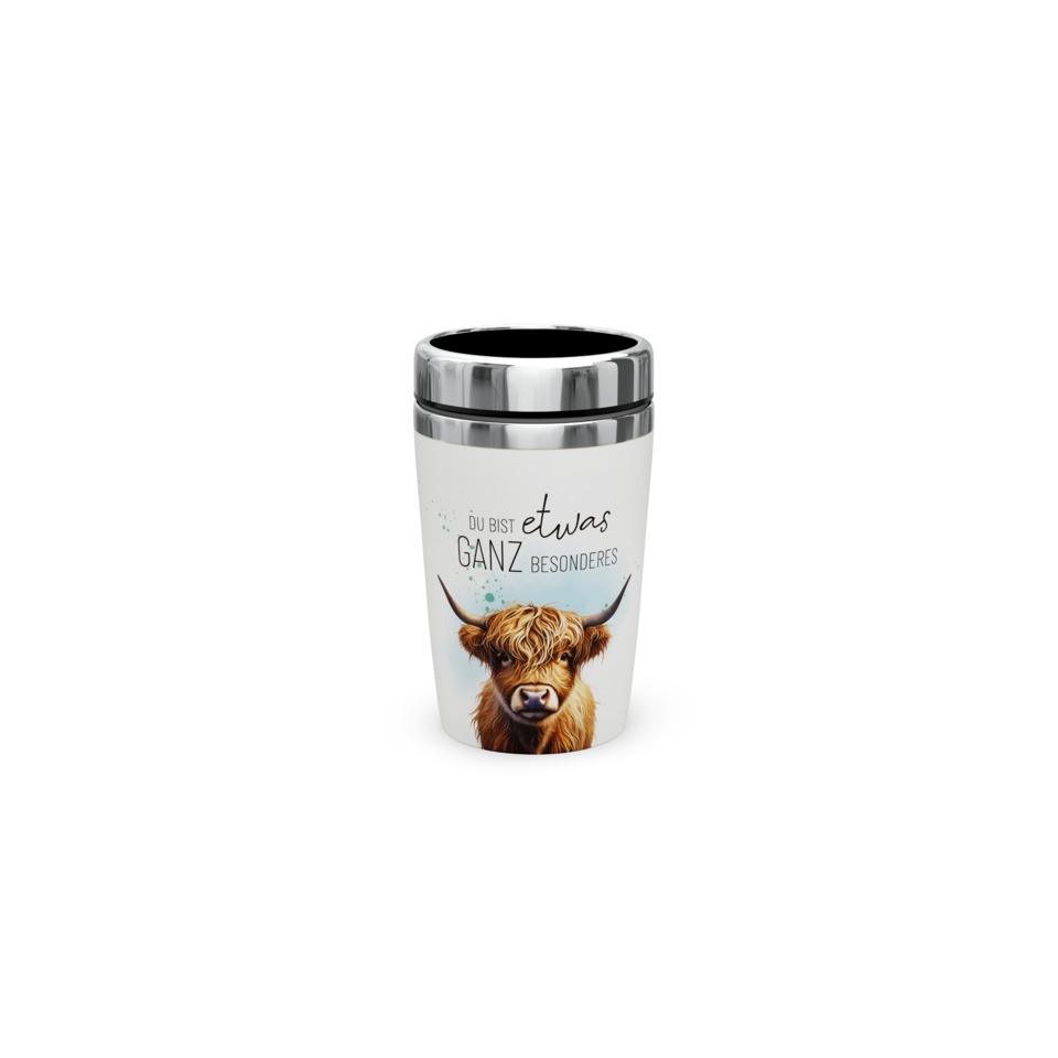 Becher, Thermobecher, Kuh, Kuhkopf,  Graubild