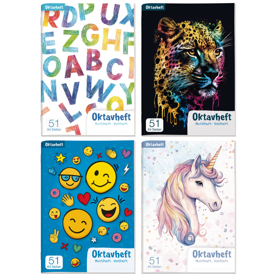 notebook, octavo, graphic cover, unicorn design, colorful letters