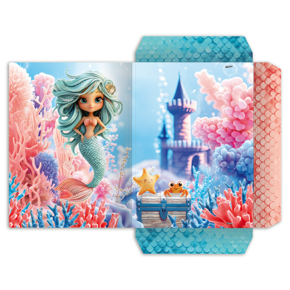 Meerjungfrau, Unterwasserwelt, Schatztruhe, Korallen, Farbdesign