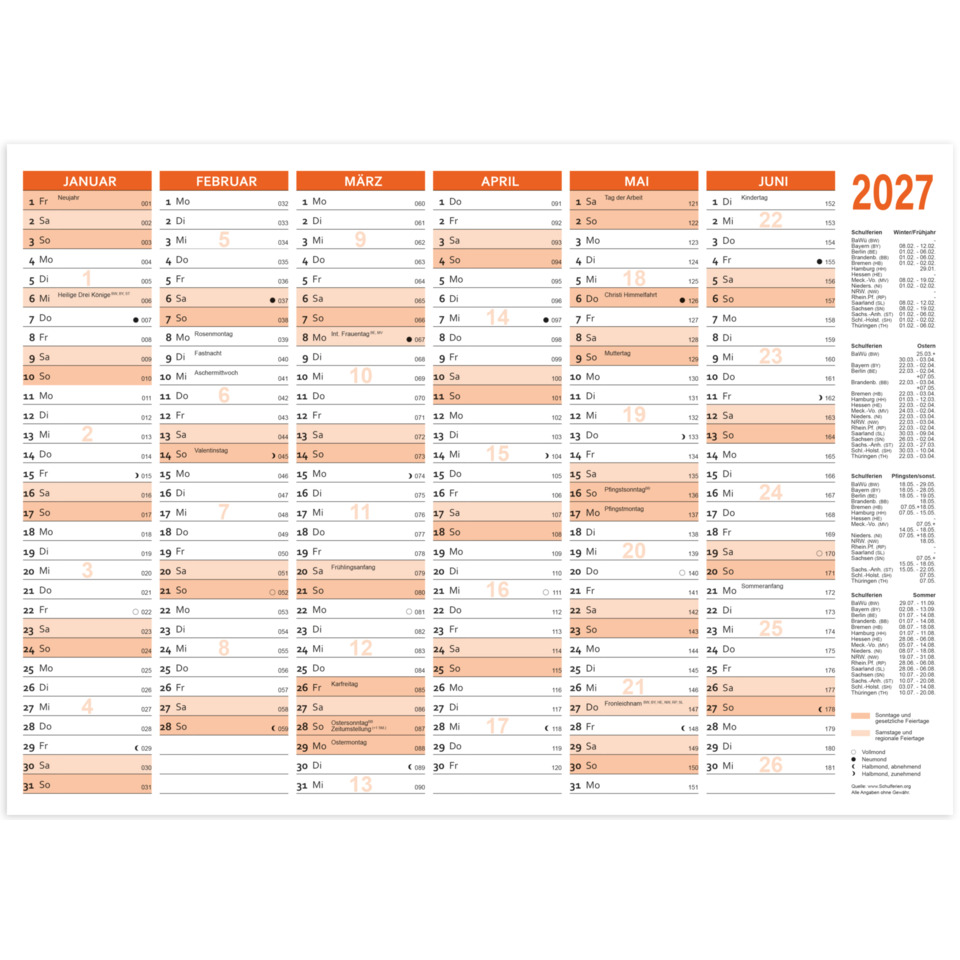 Kalender, Monatskalender, Jahr 2027, Monatliches Kalenderlayout, Monatsansicht