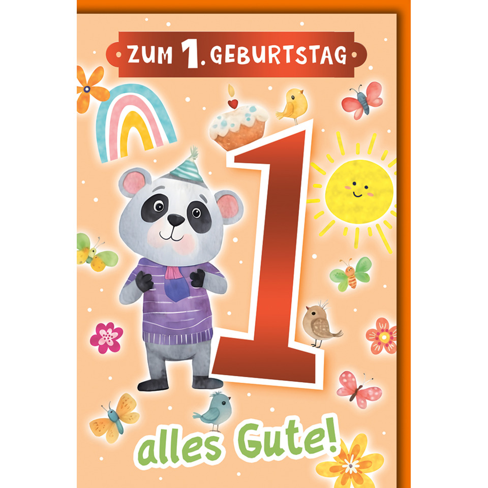1. Geburtstag, Karte, Panda, Animation, Farbenfroh