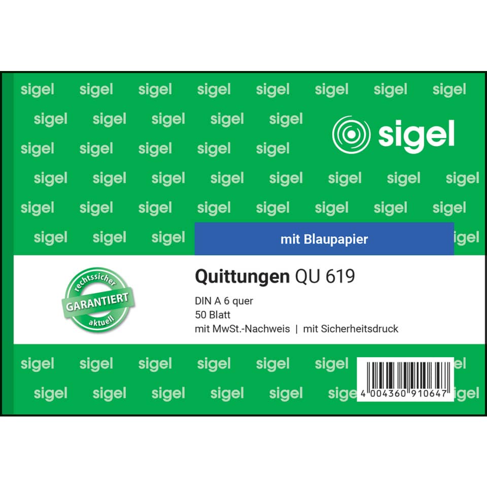 Quittungen, DIN A6, 50 Blatt, mit MwSt-Nachweis, Sicherheitsdruck