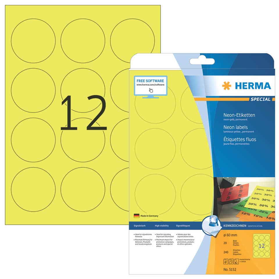 neon labels, label sheet, gelb, kreisförmig, 12er pack