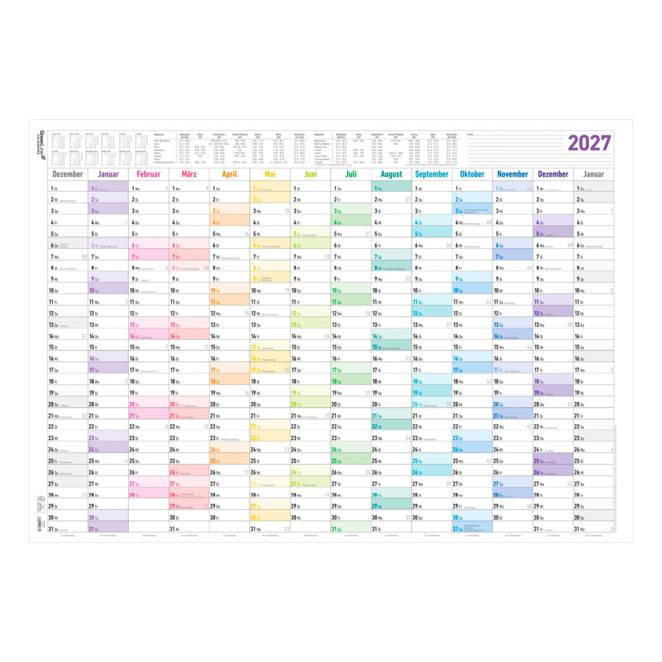 Kalender, Jahresplaner, 2027, Monatskalender, Mehrfarbig