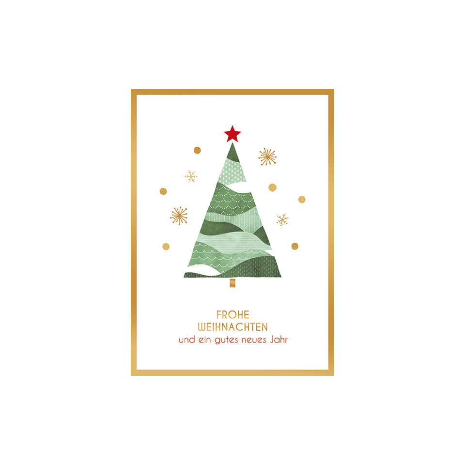 weihnachtskarte, weihnachtsbaum, grüner tannenbaum, goldener rahmen, frohe weihnachten