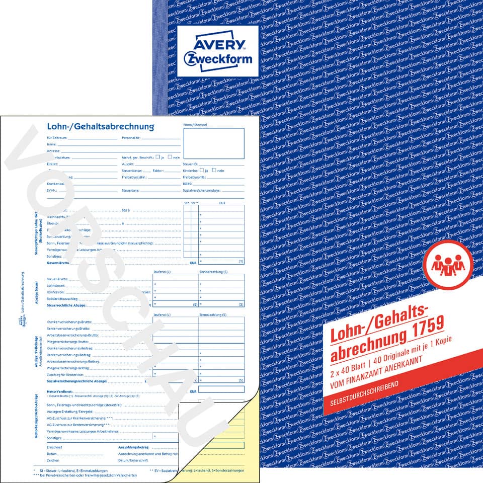 blaues notizbuch, avery Zweckform, Lohn-/Gehaltsabrechnung, abrechnungsformular, rechnungsunterlagen