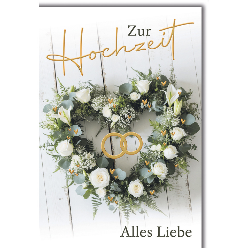 Blumenkranz, Herz-Element, Eheringe, Weiß, Seitlich Schriftzug