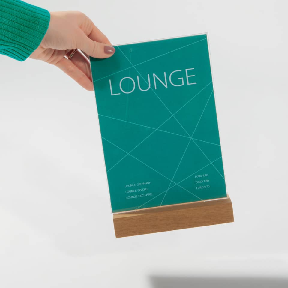 Lounge-Schild, Werbekarte, Acryl-Display, Türkisfarbige Karte, Holzständer