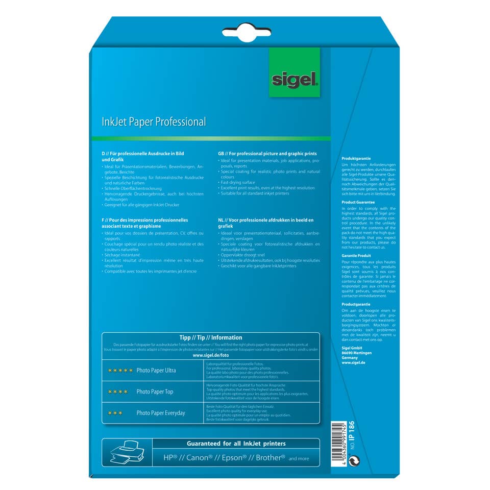 Inkjetpapier, Fotopapier, Blaues Verpackung, Professionelle Qualität, Sigel-Marke