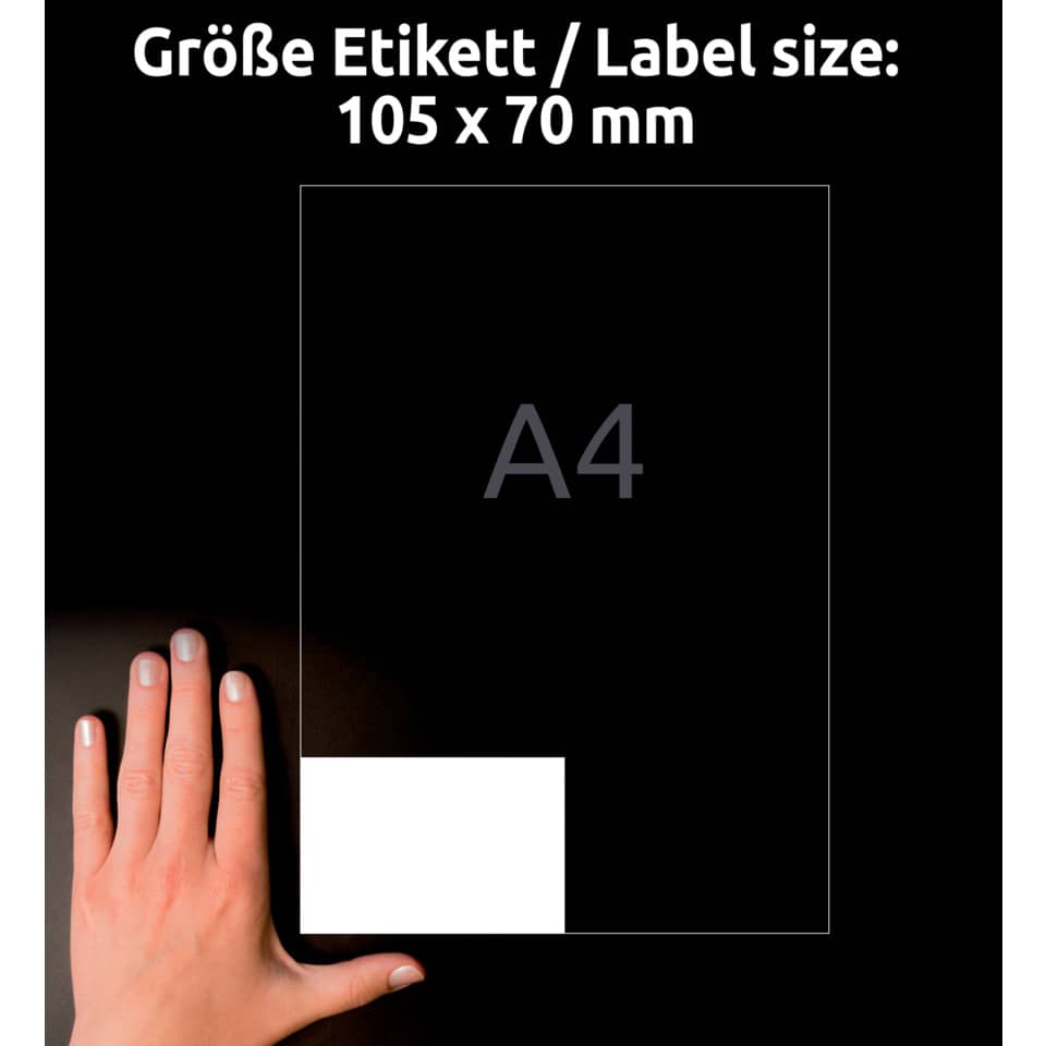 A4, Label size 105x70 mm, Schwarzes Poster, Hand für Größenvergleich, Tafel/Poster Quadrat