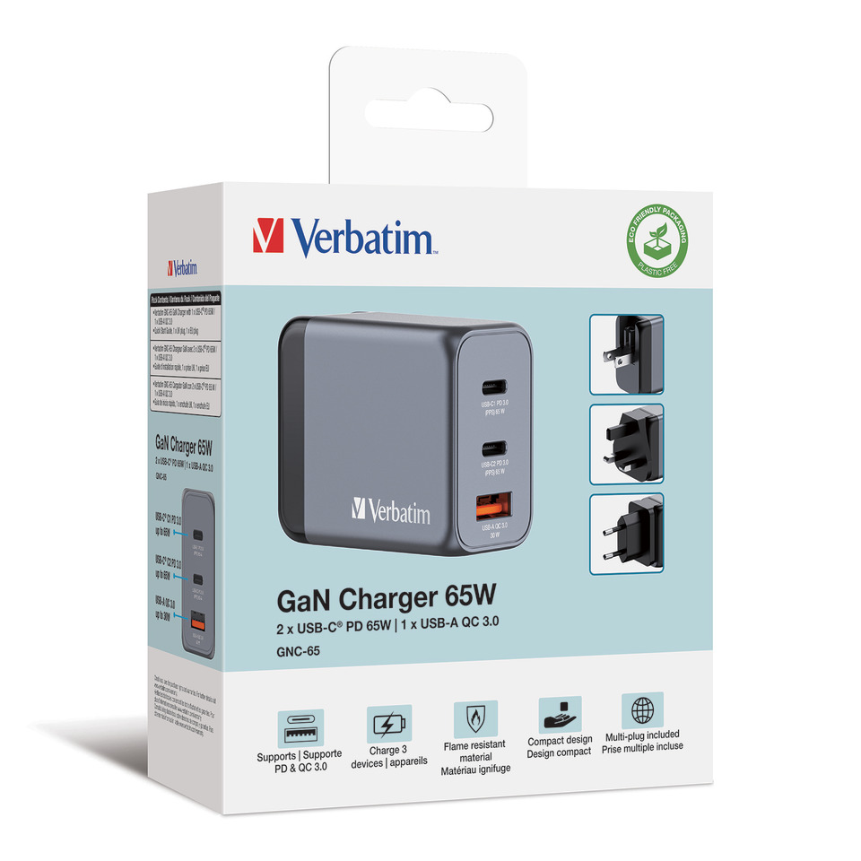 GaN-Ladegerät, 65W, USB-C, USB-A, Reiseladegerät