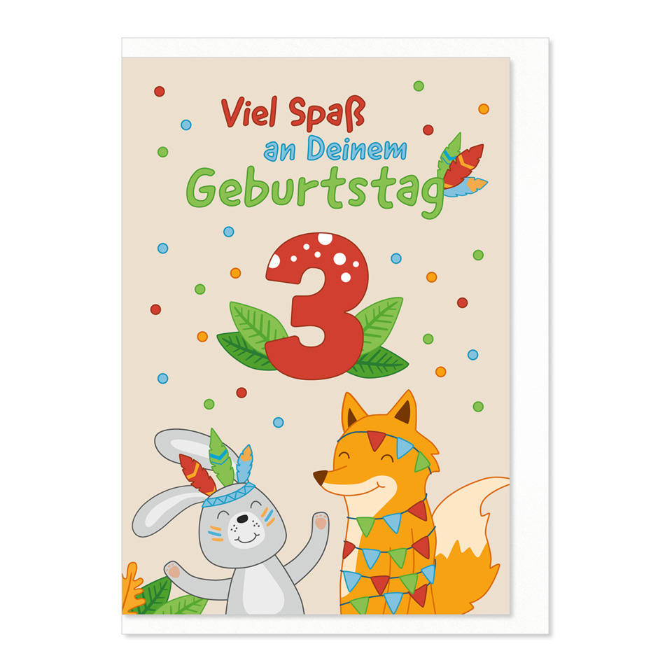 Geburtstagskarte, 3. Geburtstag, festlich, Konfetti, Hase Fuchs