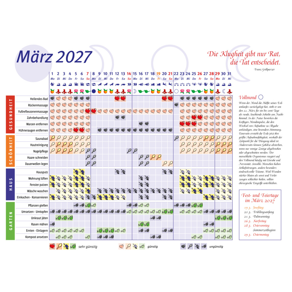 Kalender, März 2027, Monatskalender, Pflanzenpflege, Gesundheit
