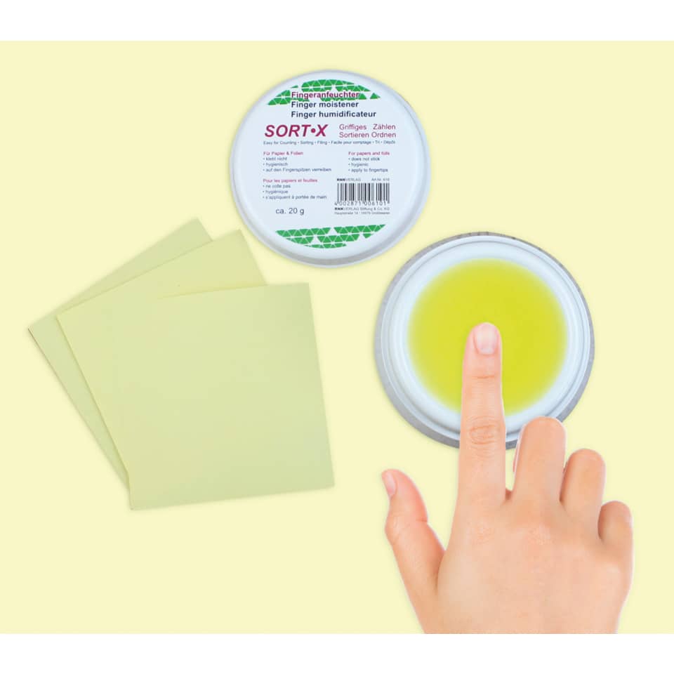 Fingerfeuchter, Zitronengelbe Gel, Spachtelpapier, Klebepaste, Sortierhilfe